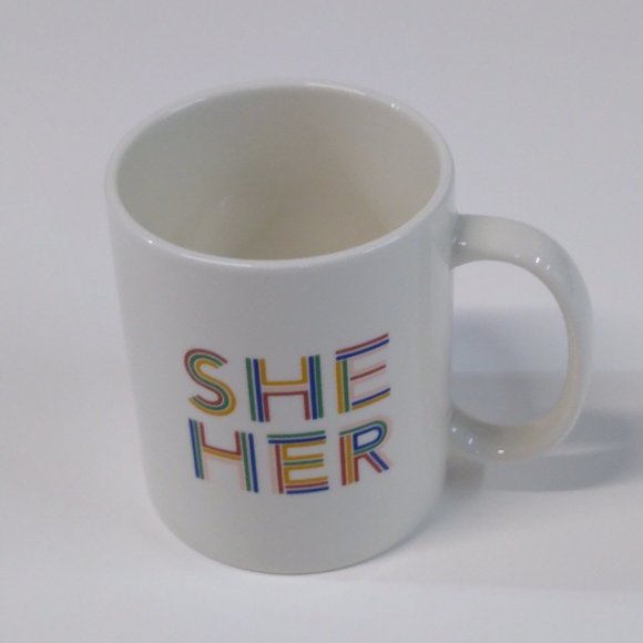 SHE HER Pronouns Friendly Room Essentials Stoneware Coffee Mug Tea Cup  NWT - Picture 1 of 6